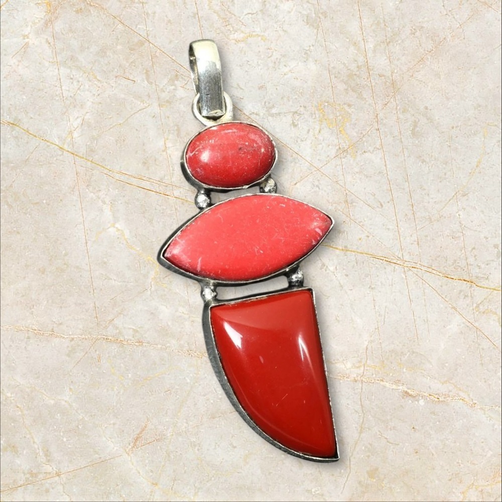 Artisan Handcrafted RED CORAL Three-Stone Silver Pendant 4330 - Picture 4 of 15